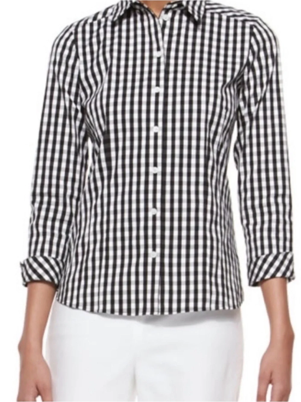 Lafayette 148 NY Black & White Gingham Button Down Shirt Poplin Classic Size 12 - Picture 4 of 11